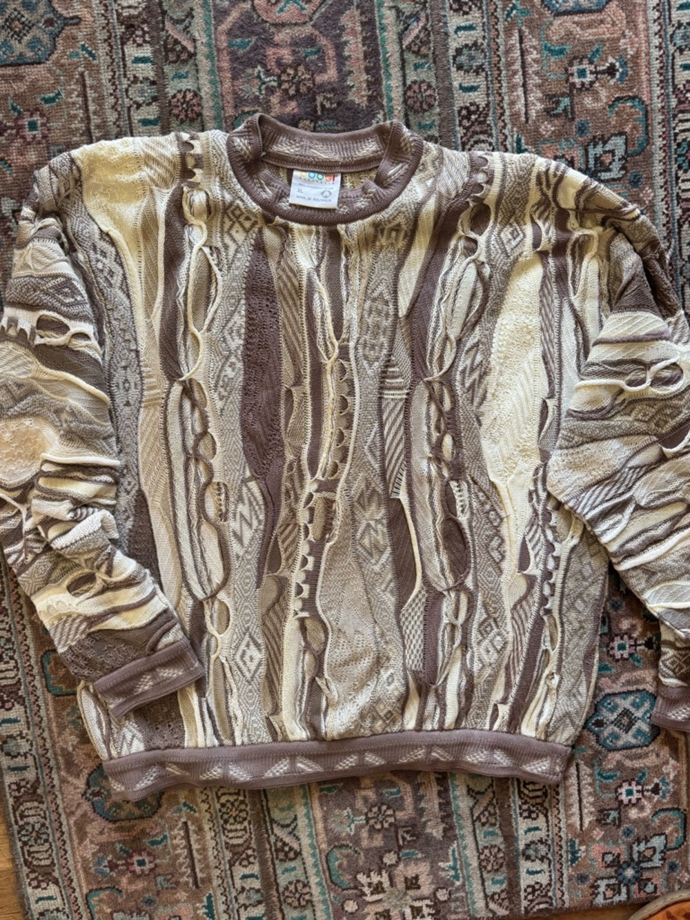 Vintage Coogi Textured Knit Crewneck Sweater - Brown & Cream